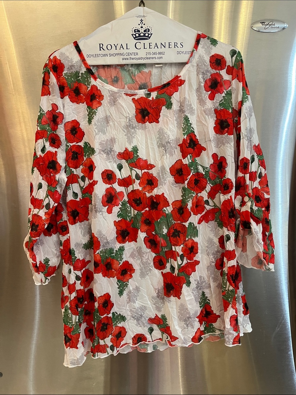 SNO SKINS Red Poppy Print XL Sheer Crinkle Blouse NWOT